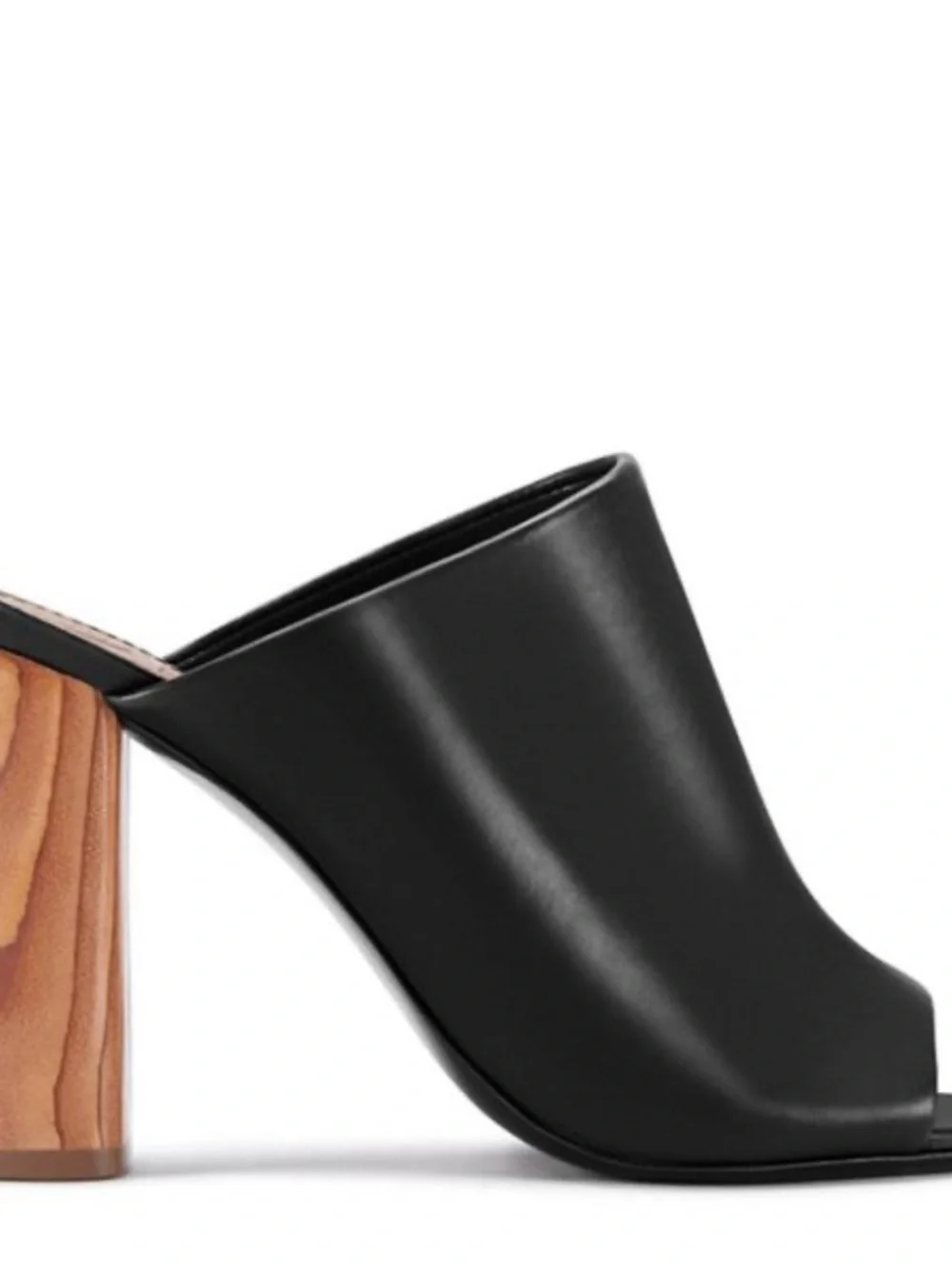 Tory Burch Black Leather Open-Toe Mule with Wood-Effect Block Heel